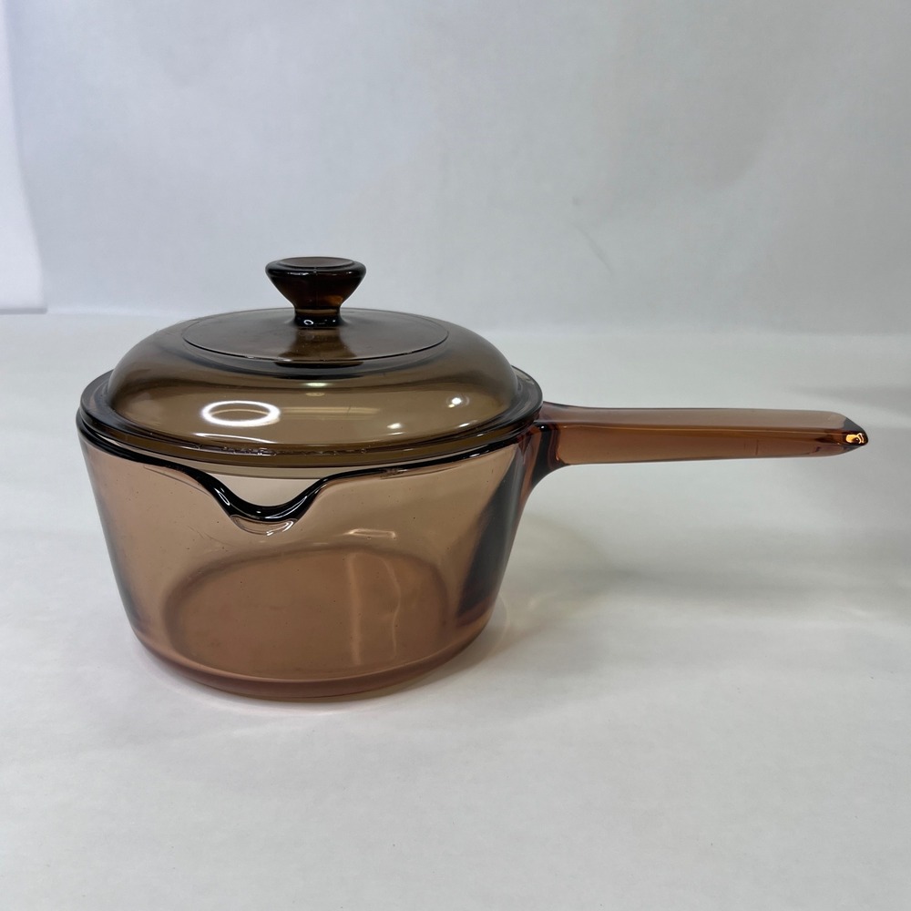 Visions Corning France Amber Glass 1qt Saucepan with Spout & Pyrex V-1-C Lid
